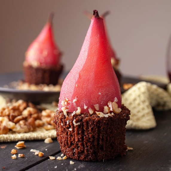 red wine poached pears brownies on a plate