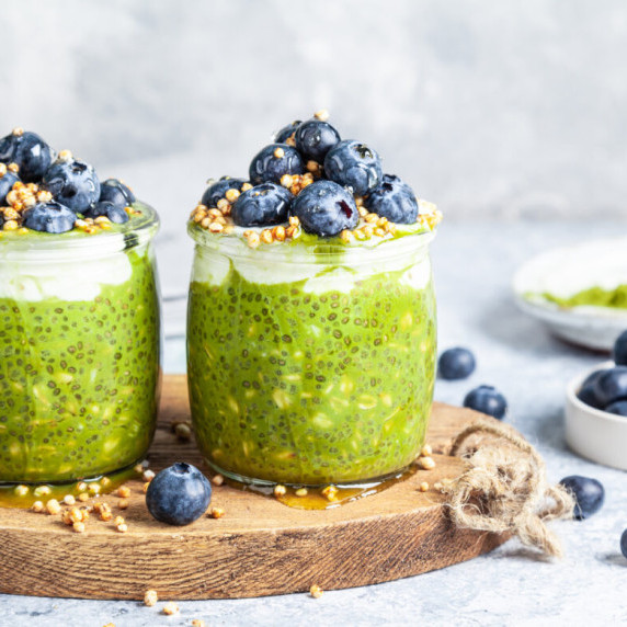 Overnight oats with matcha creamed honey, chia and blueberries