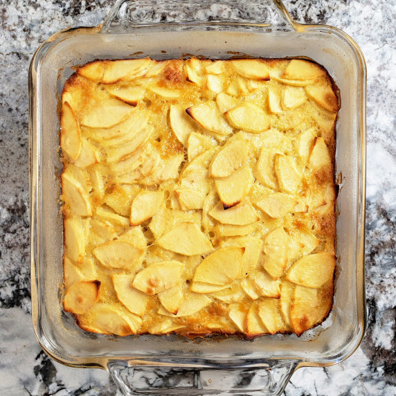 invisible apple cake in glass baking dish