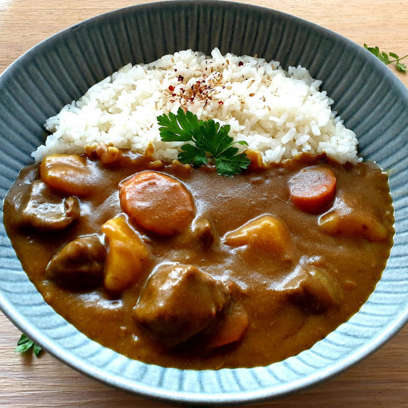 A bowl with japanese beef curry and rice.