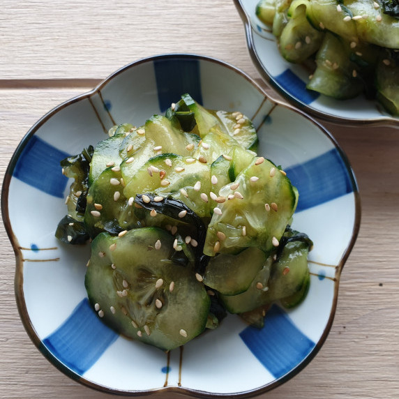 japanese cucumber salad in a small serving plate.