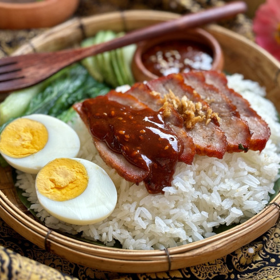 Close-up of khao moo dang, Thai red pork.