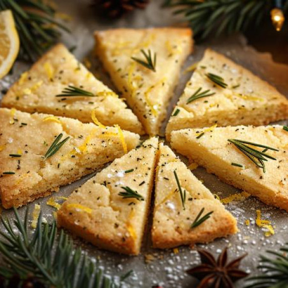 cranberry cornmeal triangular wedges with sprigs of rosemary