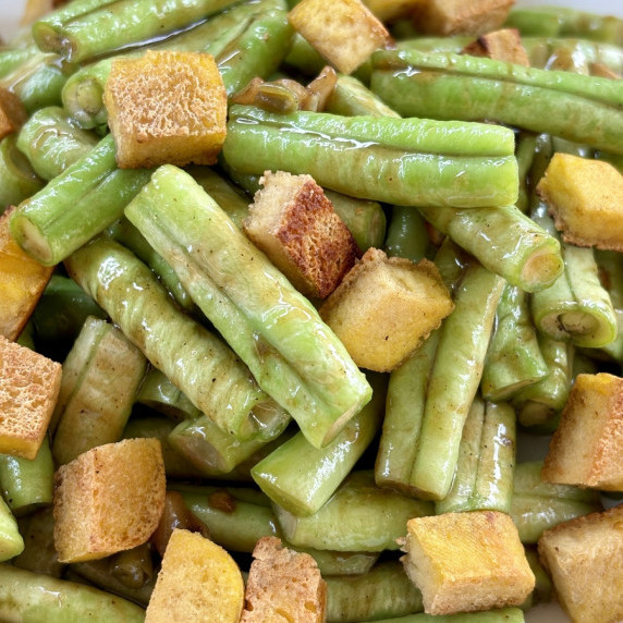 Close-up of long beans stir-fry with tofu.