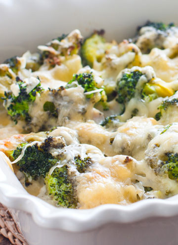 Low Sodium Chicken Broccoli Casserole in a ceramic casserole dish