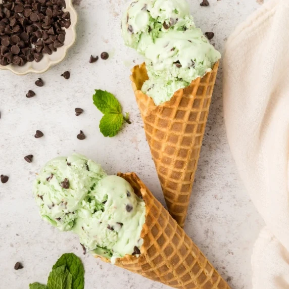 mint chocolate chip ice cream in waffle cones