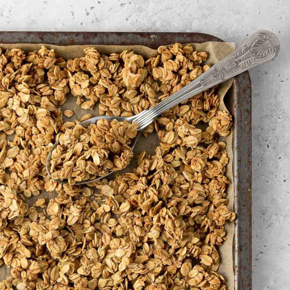Homemade nut-free granola on a baking tray