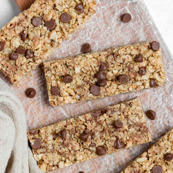 Nut-free granola bars with chocolate chips on a wooden board