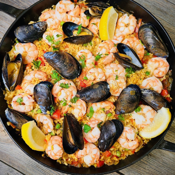 Spanish paella with prawns, mussels and chorizo.