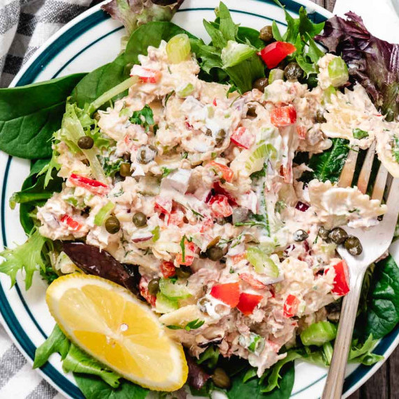 bowl of canned salmon pasta salad