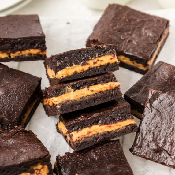 stacked peanut butter brownies