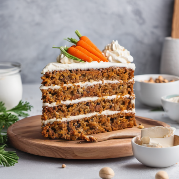 Carrot cake with cream layers and with baby carrots on top, the cake stands on a wooden plate and th