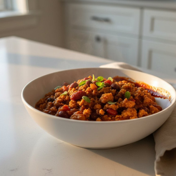 Bowl of slow cooker turkey chili topped with Greek yogurt and fresh herbs