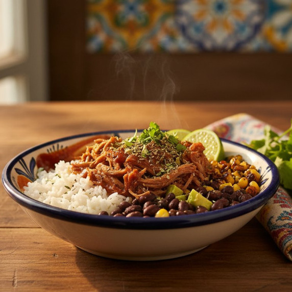 Slow cooker pulled pork protein bowl with rice, pickled onions, and avocado