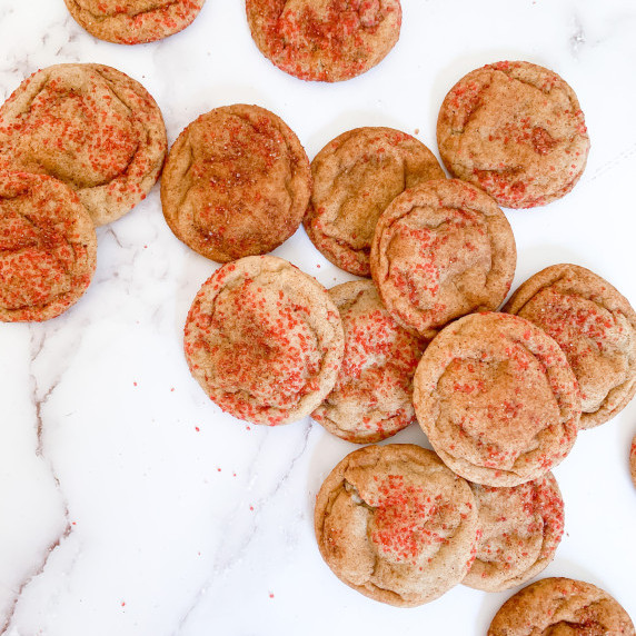 red hot snickerdoodles on a white marble countertop