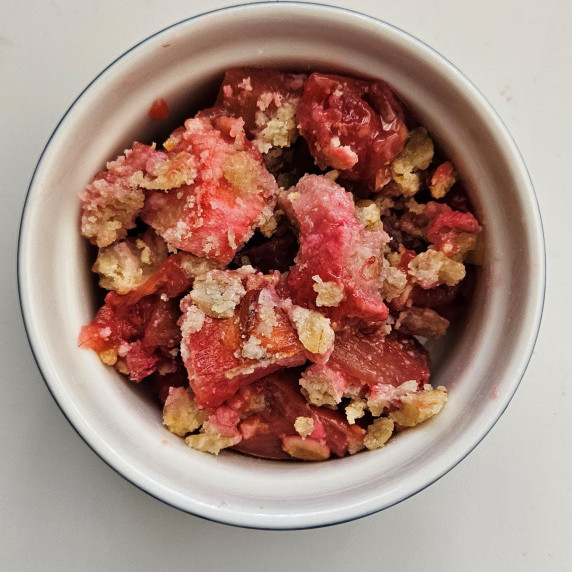 This is a bowl with rhubarb crisp