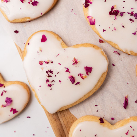 Heart shaped rose petal shortbread cookies.