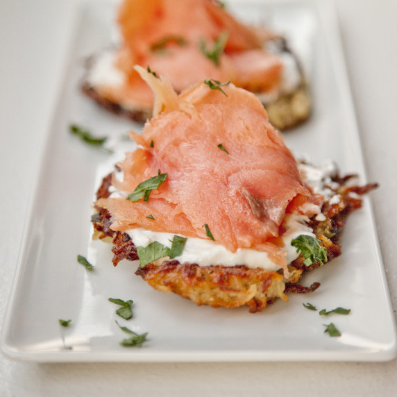 Fried Potato Pancakes topped with Smoked Salmon and Creme Fraiche