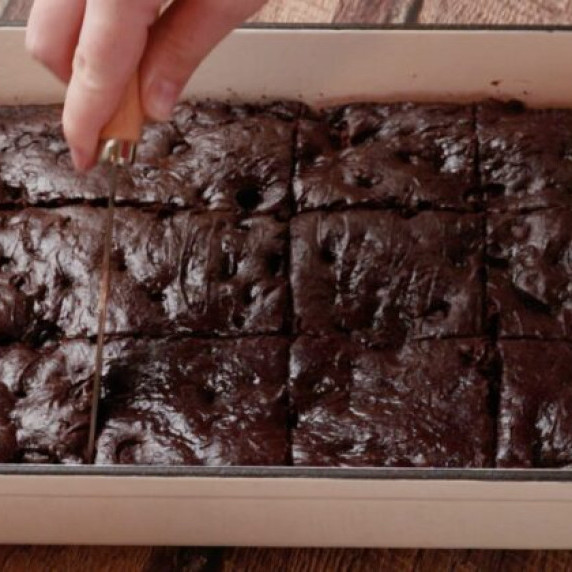 chocolate peanut butter dump cake in a baking dish.