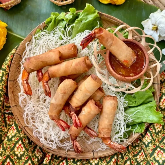Shrimp in a blanket, Thai shrimp rolls, with sweet chili sauce. 