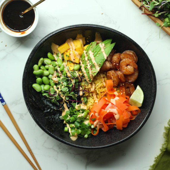Shrimp poke bowl for summer dinner recipes.