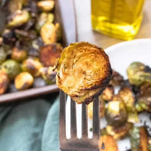 hot honey brussel sprout on a fork