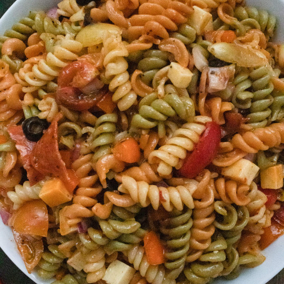 Close up of tricolor pasta salad 