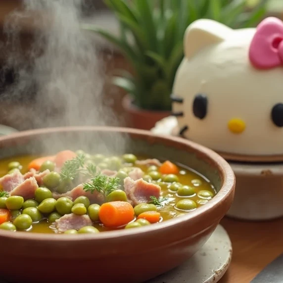 A bowl of hearty split pea and ham soup next to a vibrant Hello Kitty cake on a wooden kitchen count