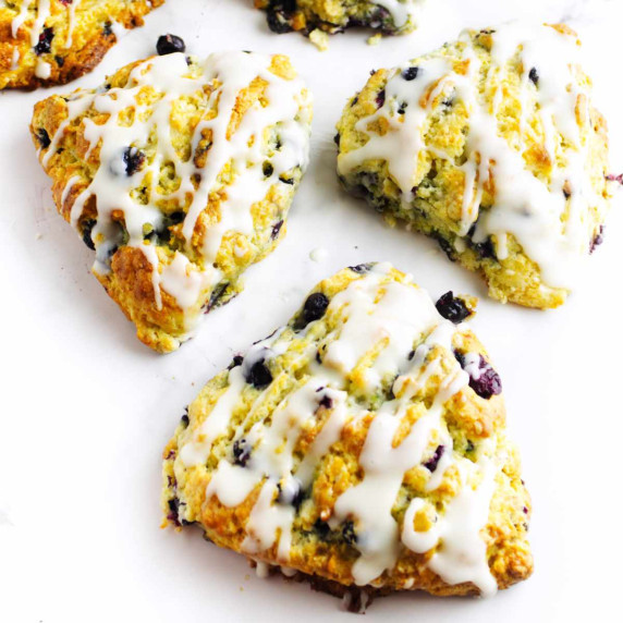 copycat starbucks blueberry scones on a white marble background.