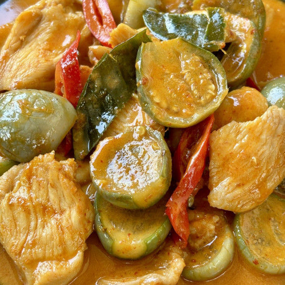 Close-up of Thai eggplant curry with red coconut curry sauce and chicken.
