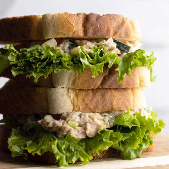 Tuna egg salad sandwich stacked