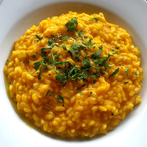 pumpkin risotto on a plate with a garnish of parsley