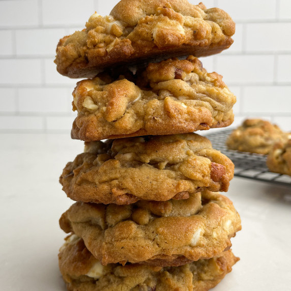 stack of chia spice white chocolate chip cookies